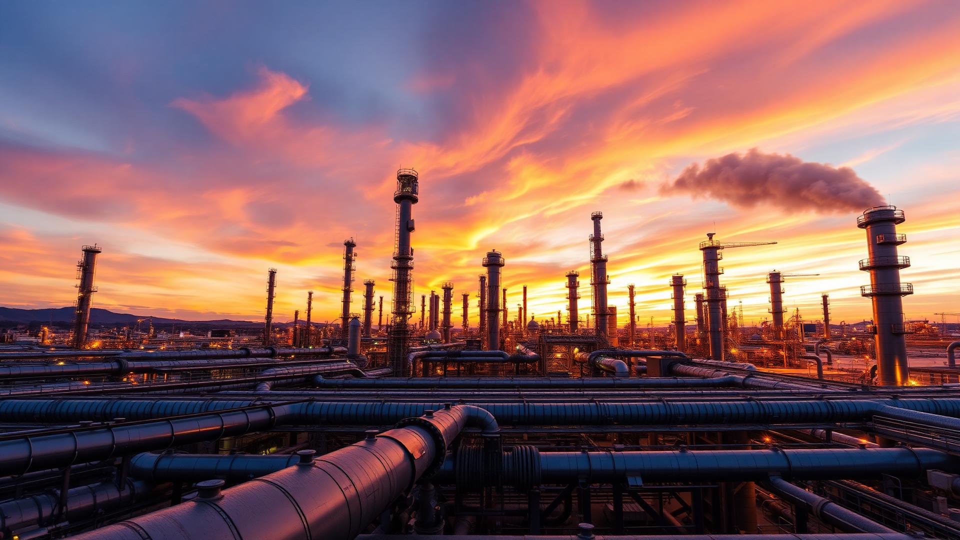 Refinería petrolera al atardecer